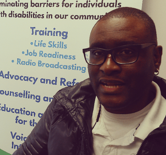 Mark Brown of Scarborough is learning radio broadcasting through Connect 4 Life/Voices 4 Ability in Port Credit. (Photo: Kelly Roche/QEW South Post)