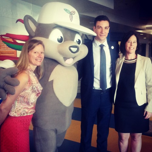 Ward 3 Coun. Chris Fonseca, Ward 4 Coun. John Kovac, Pachi the Porcupine, and City of Mississauga recreation director Shari Lichterman kick off a media preview of the Ontario Summer Games at the Hershey Centre on Wednesday, Aug. 3, 2016. (Photo: Kelly Roche/QEW South Post)