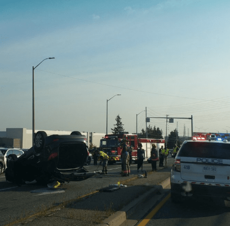 A black SUV flipped over at Erin Mills Pkwy. and Britannia Rd. on Friday, Aug. 5, 2016. A woman was arrested at the scene. (Photo: Peel Police)