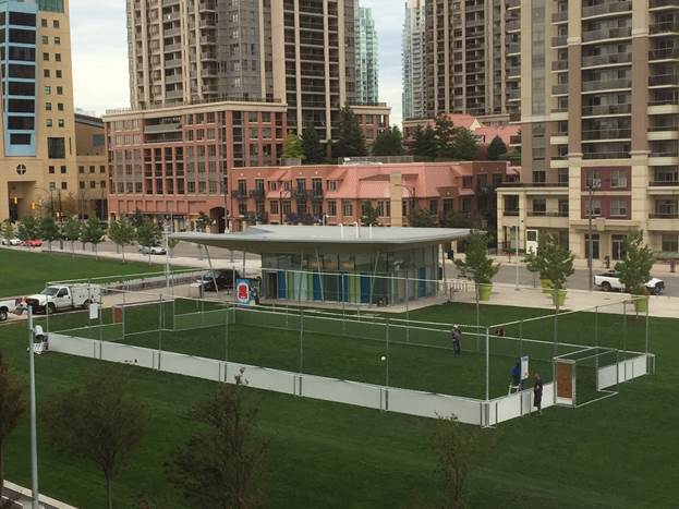 A soccer pitch has been set up near Square One as part of a pilot project in Mississauga. (Photo: City of Mississauga)