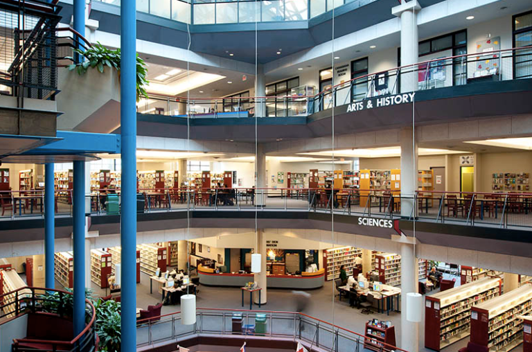 When Toronto Township became the Town of Mississauga, the library was renamed the Mississauga Library System. In 1974 when the town became the City of Mississauga, the library moved with the City’s new offices from Cooksville to City Centre, where it remains next to City Hall. (Photo: City of Mississauga)